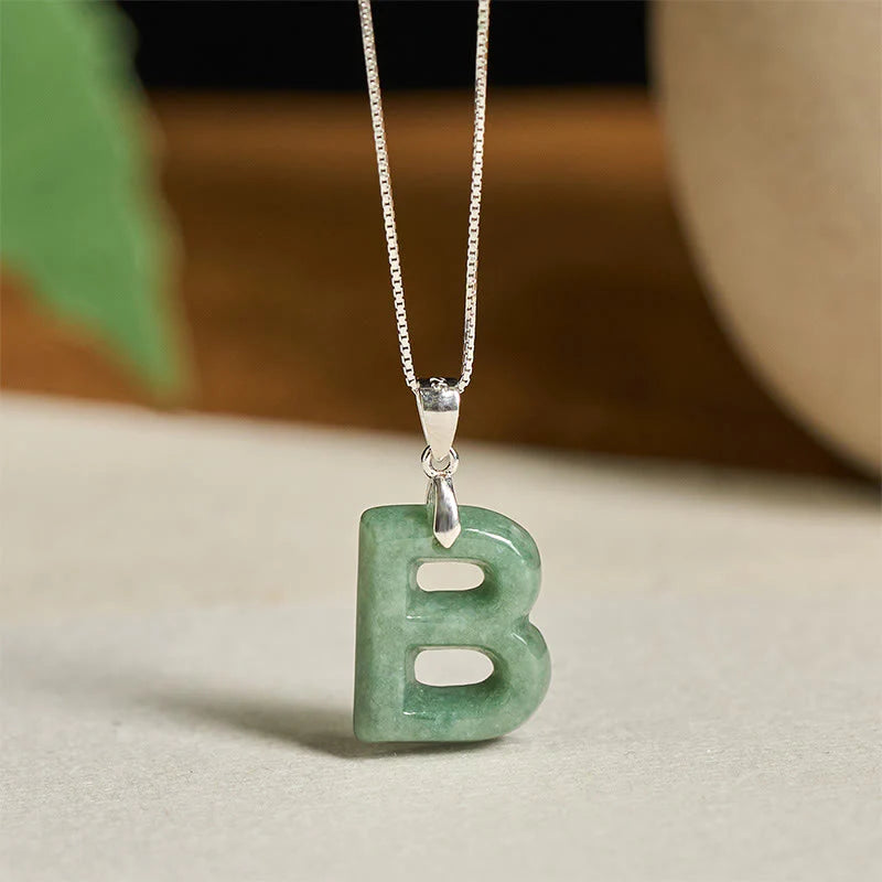 Buddha Stones Natural A-Z Letter Jade 925 Sterling Silver Silm Chain Prosperity Necklace Pendant