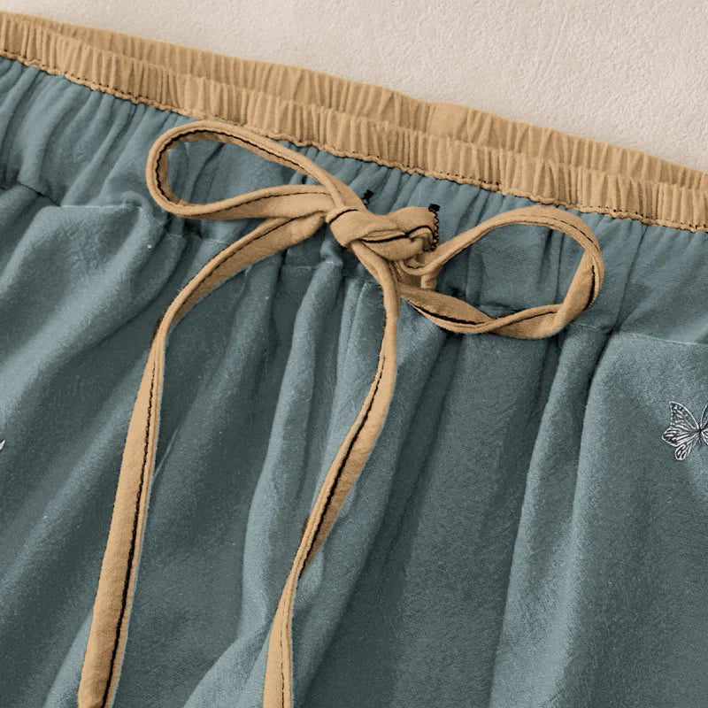 Buddha Stones Pure Cotton Flower Petal Pattern Women's Elastic Waist Pants With Pockets