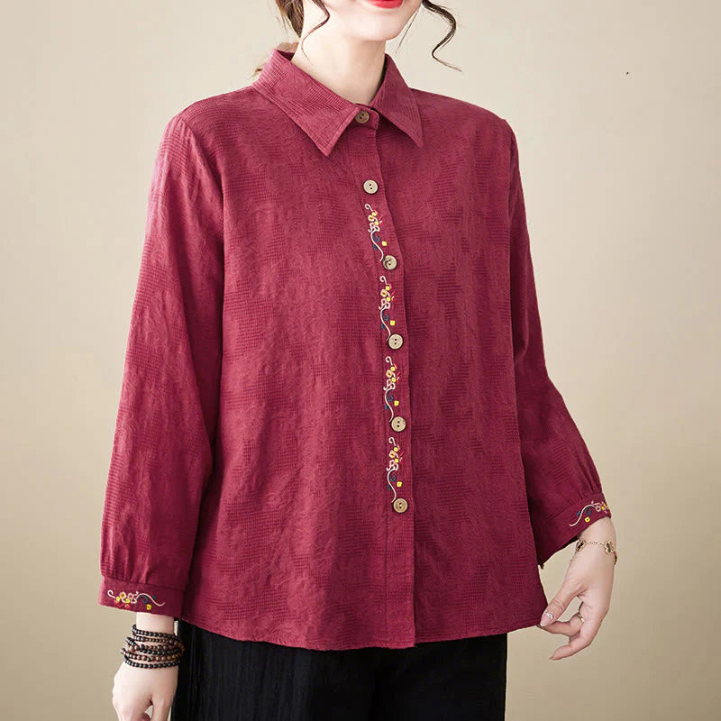 Buddha Stones Spring Plain Embroidered Flower Pattern Button Women's Long Sleeve Cotton Lapel Shirt