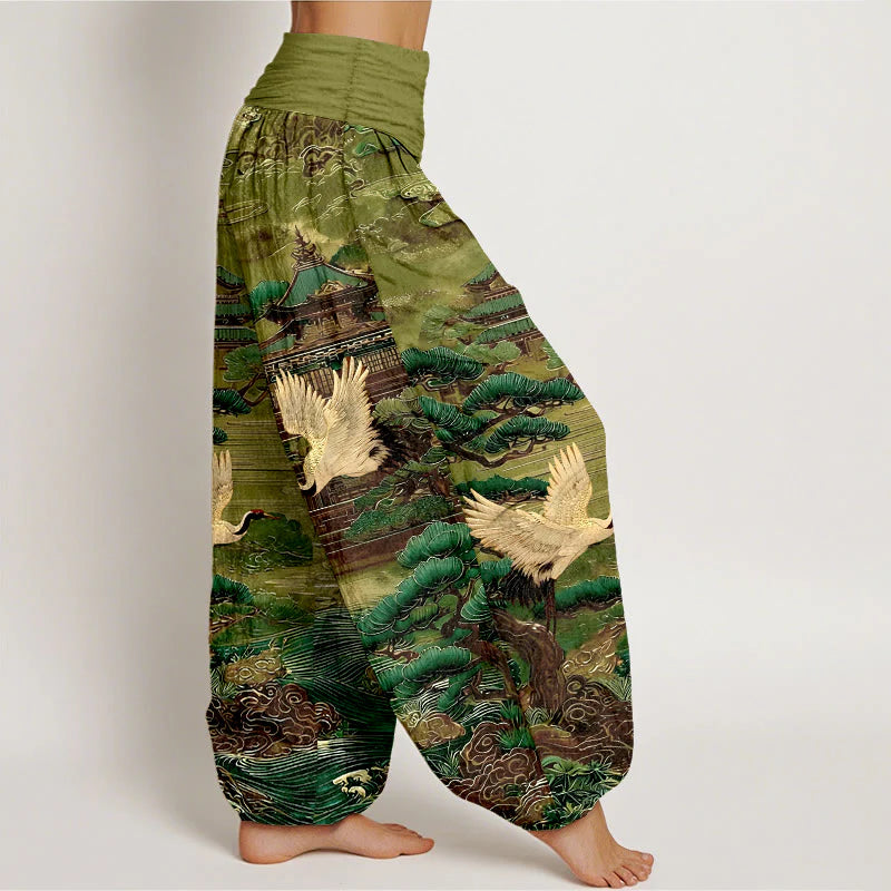 Buddha Stones Cotton Exquisite Crane Architecture Pine Tree Cloud Pattern Women's Elastic Waist Harem Pants