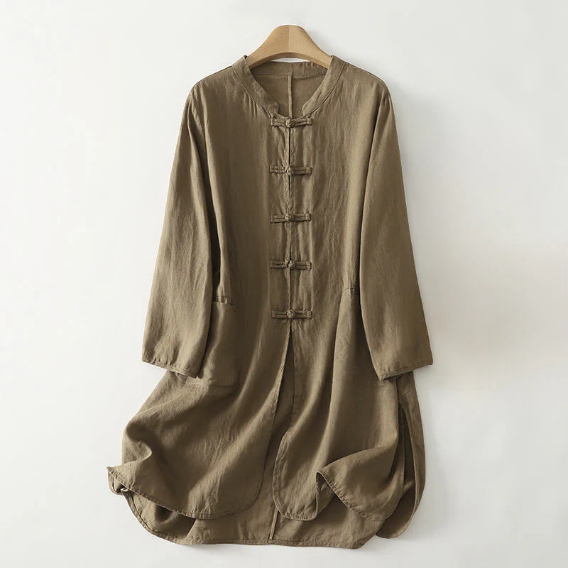 Buddha Stones Fall Solid Color Frog-Button Stand Collar Three Quarter Sleeve Mid-length Women's Cotton Shirt