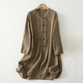 Buddha Stones Fall Solid Color Frog-Button Stand Collar Three Quarter Sleeve Mid-length Women's Cotton Shirt