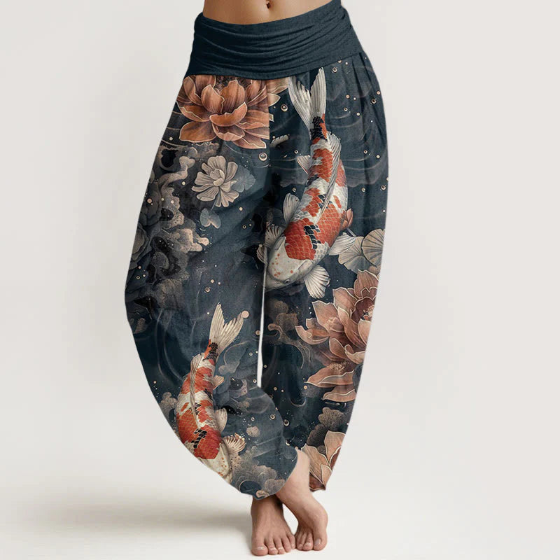Buddha Stones Pure Cotton Colorful Koi Fish Lotus Flowers Design Women's Elastic Waist Harem Pants