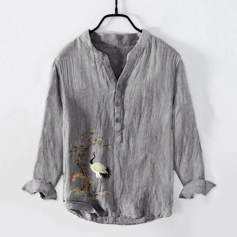 Buddha Stones Cranes Pine Tree Pattern Half Buttons Cotton Linen Men's Long Sleeve Shirt