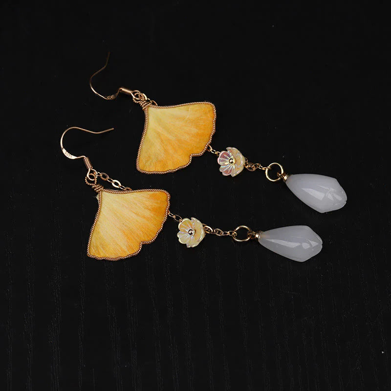 Buddha Stones Handmade Silk Craft Yellow Ginkgo Leaf Copper Hook Good Fortune Dangle Earrings