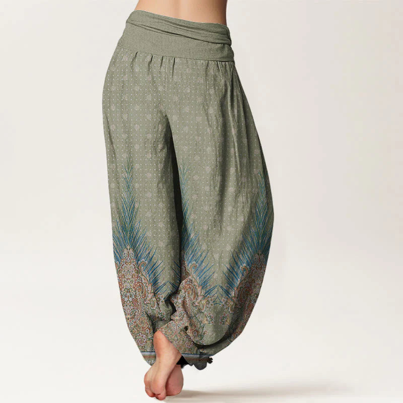 Buddha Stones Cotton Ethnic Peacock Floral Pattern Women's Elastic Waist Harem Pants
