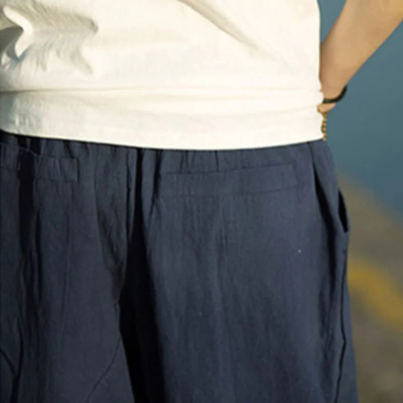 Buddha Stones Summer Plain Pleat Design Drawstring Men's 7-8 Length Cotton Linen Pants With Pockets