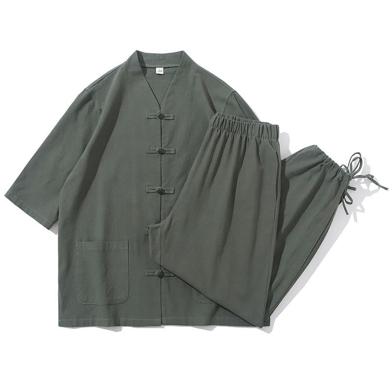 Buddha Stones 2Pcs Tang Suit Frog-Button Design Shirt Pants With Pockets Men's Cotton Linen Meditation Cloth Set