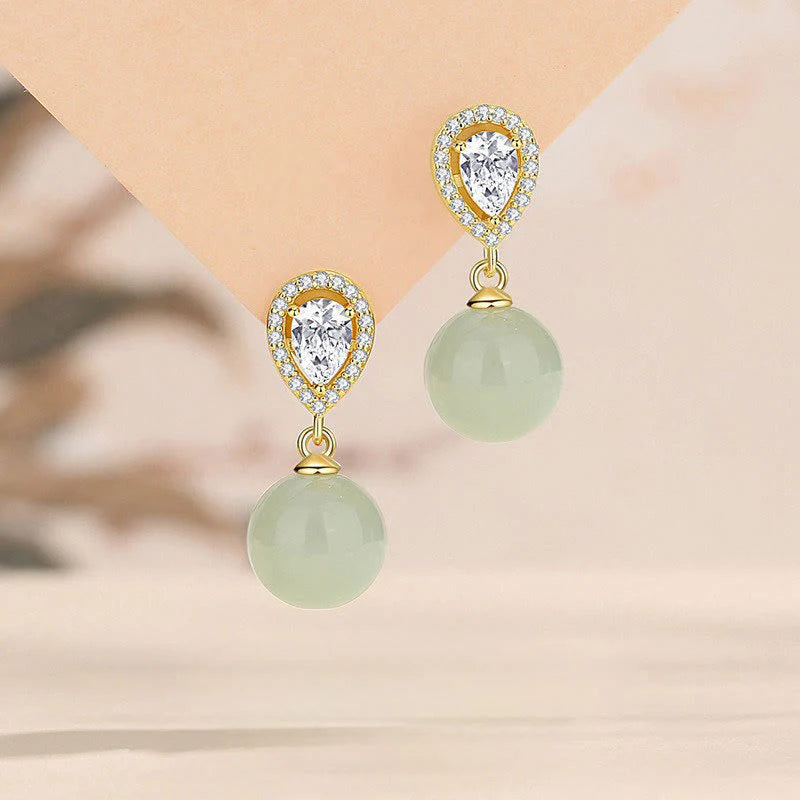 Buddha Stones 925 Sterling Silver Waterdrop Design Hetian Jade Bead Prosperity Earrings