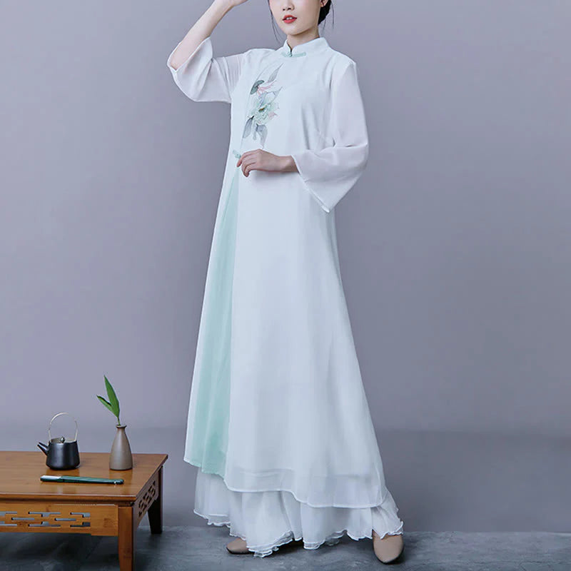 Buddha Stones 2Pcs Flower Three Quarter Sleeve Midi Dress Skirt Chiffon Zen Clothing Women's Set
