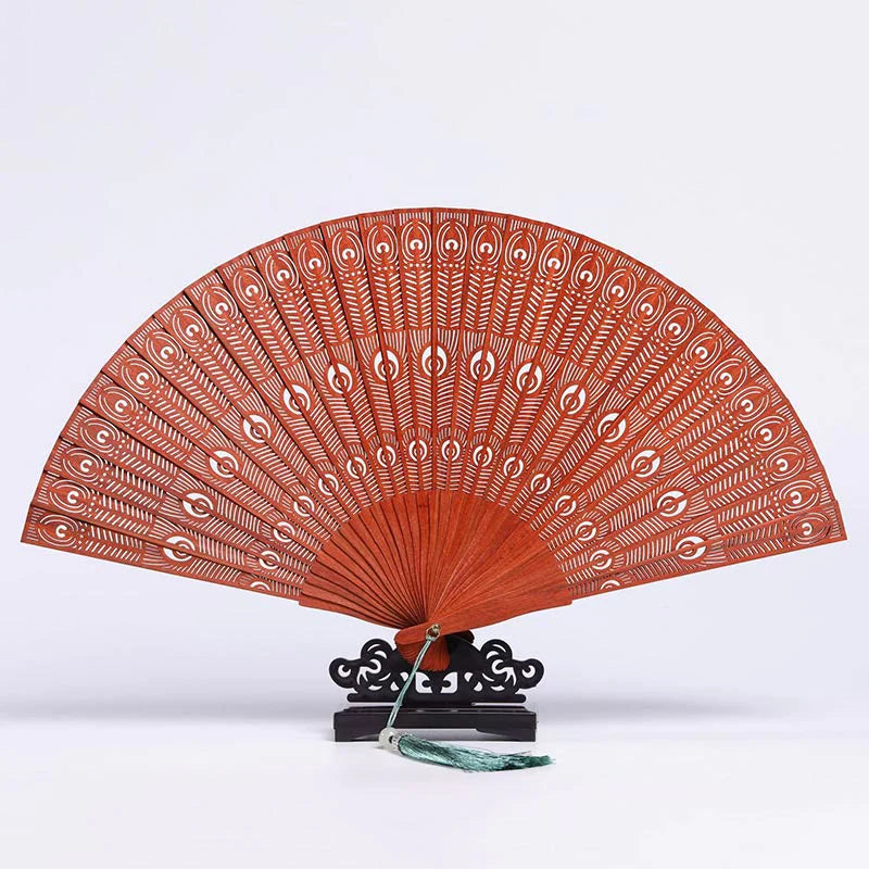 Buddha Stones Crane Peacock Chang'e Moon Engraved Pattern Handheld Small Leaf Red Sandalwood Folding Fan (Extra 30% Off | USE CODE: FS30)