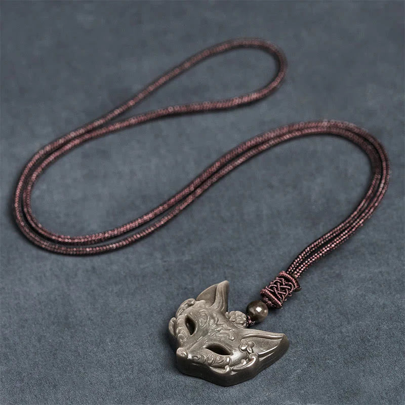 Buddha Stones Relief Fox Design Silver Sheen Obsidian Ice Obsidian Protection Necklace Pendant