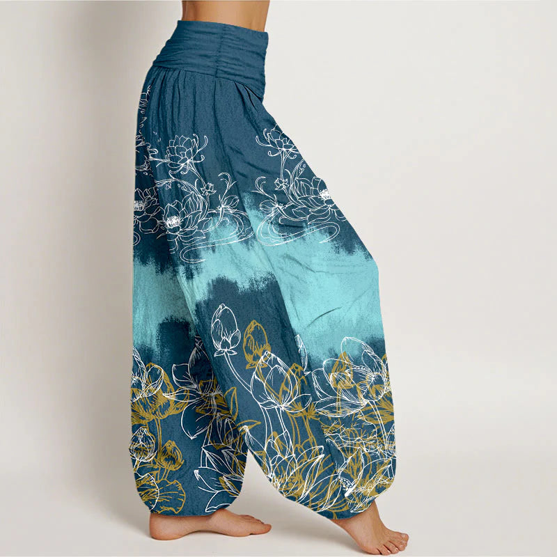 Buddha Stones Cotton Colorful Lotus Pattern Women's Elastic Waist Harem Pants