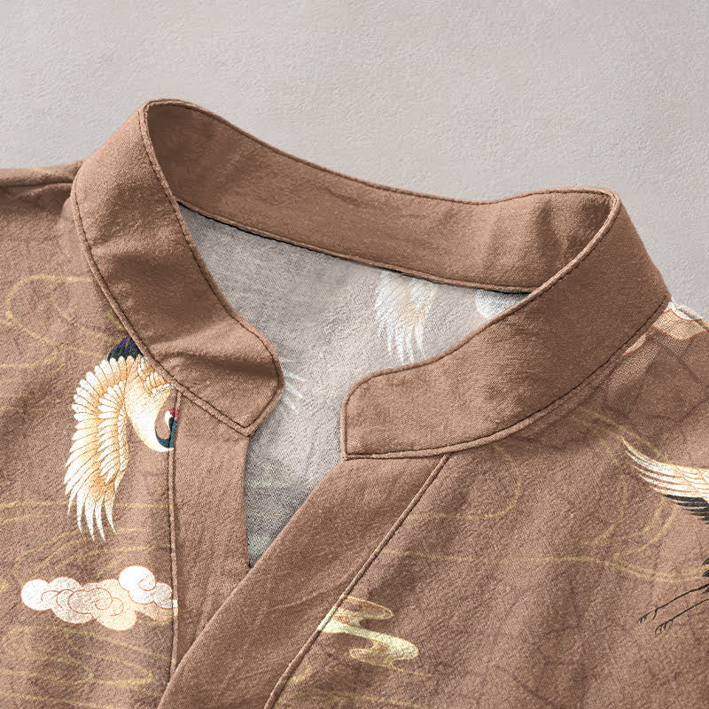 Buddha Stones Flying Birds Cloud Men's Short Sleeve Half Button Shirt