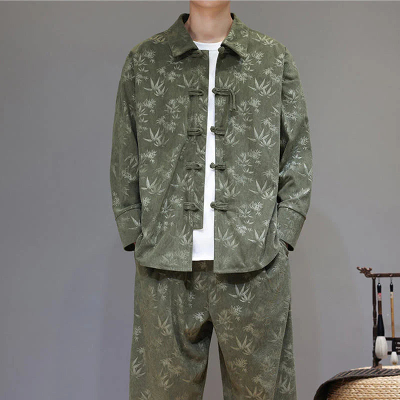 Buddha Stones 2Pcs Winter Thick Bamboo Men's Tang Suit Frog-Button Cotton Corduroy Long Sleeve Jacket Pants Set With Pockets