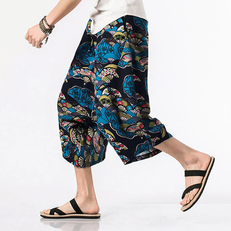 Buddha Stones Ethnic Printing Floral Geometric Pattern Men's Harem 7-8 Length Pants With Pockets