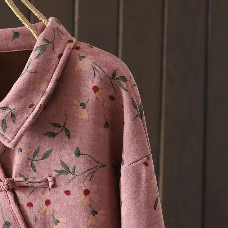 Buddha Stones Winter Flower Green Leaves Frog-Button Stand Collar Long Sleeve Women's Cotton Shirt