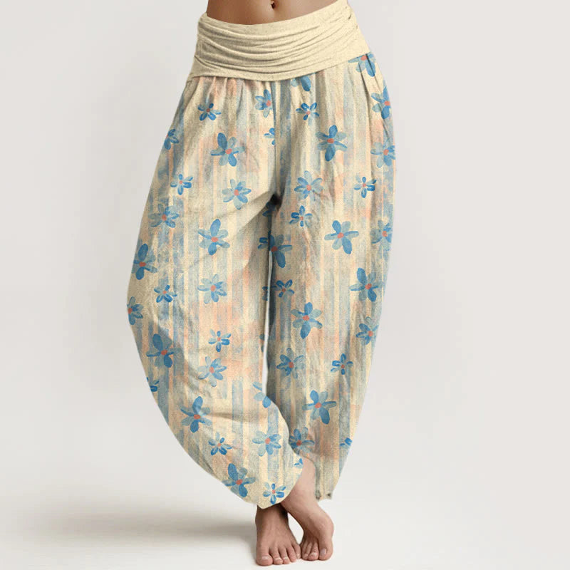 Buddha Stones Cotton Simple Style Flower Pattern Women's Elastic Waist Harem Pants