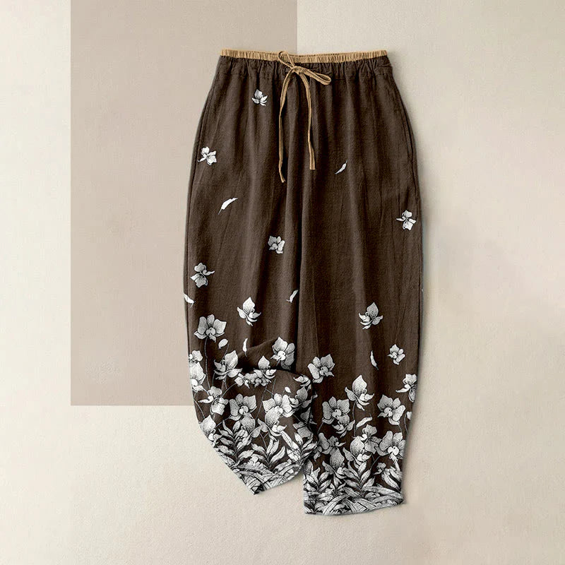 Buddha Stones Pure Cotton Flower Petal Pattern Women's Elastic Waist Pants With Pockets