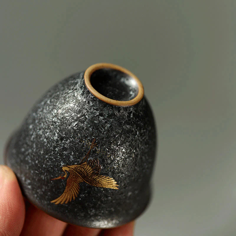 Buddha Stones Small Hand-painted Golden Crane Ceramic Teacup Kung Fu Tea Cup 40ml