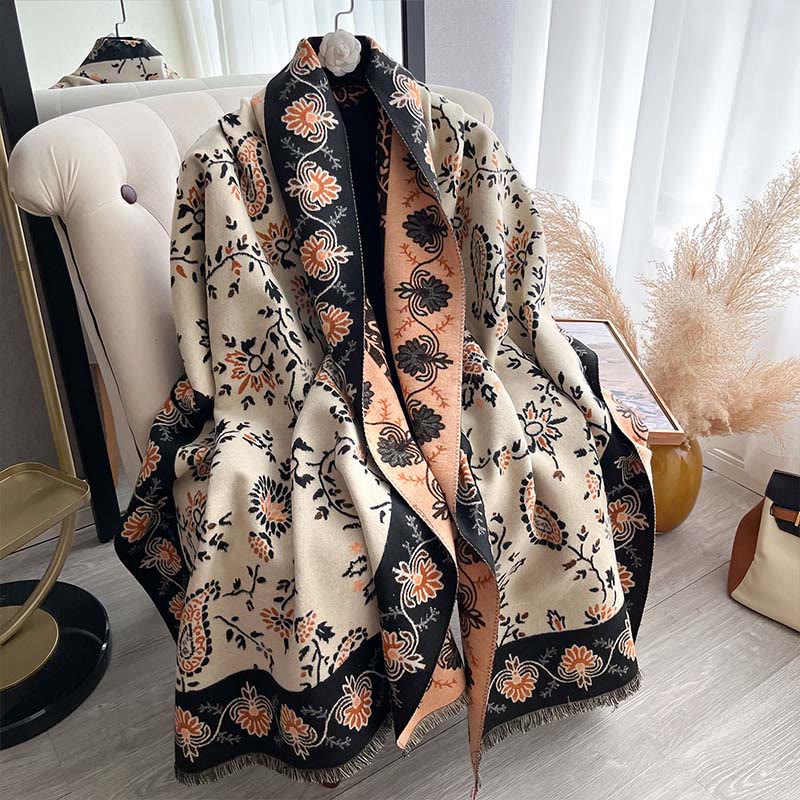 Buddha Stones Thickened Winter Paisley Flowers Vines Pattern Soft Scarf Shawl