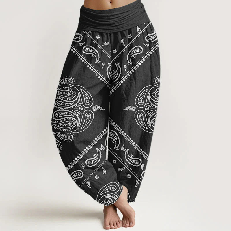 Buddha Stones Cotton Casual Floral Leaf Paisley Pattern Women's Elastic Waist Harem Pants