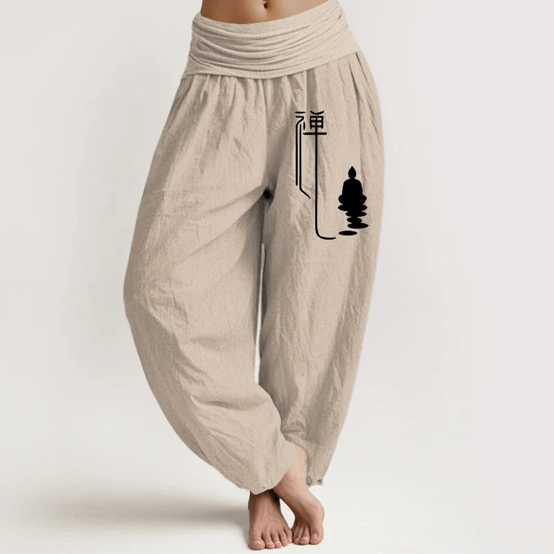 Buddha Stones Zen Buddhist Pattern Women's Elastic Waist Harem Cotton Pants
