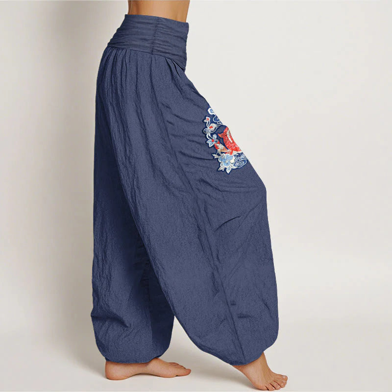 Buddha Stones Pure Cotton Striking Koi Fish Flower Pattern Women's Elastic Waist Harem Pants