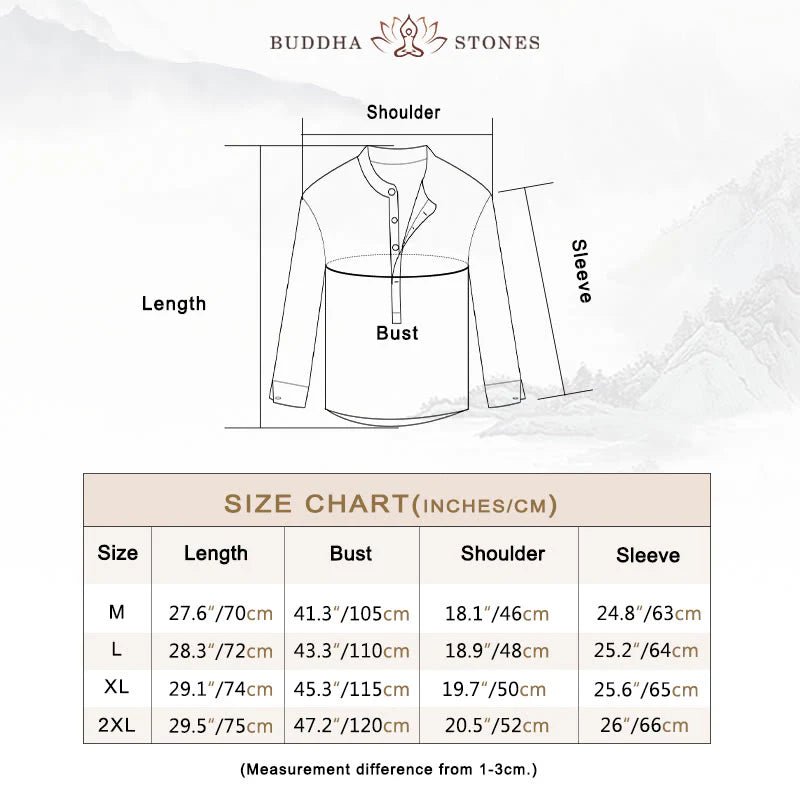 Buddha Stones Solid Color Long Sleeve Half Button Shirt Cotton Linen Men Clothing