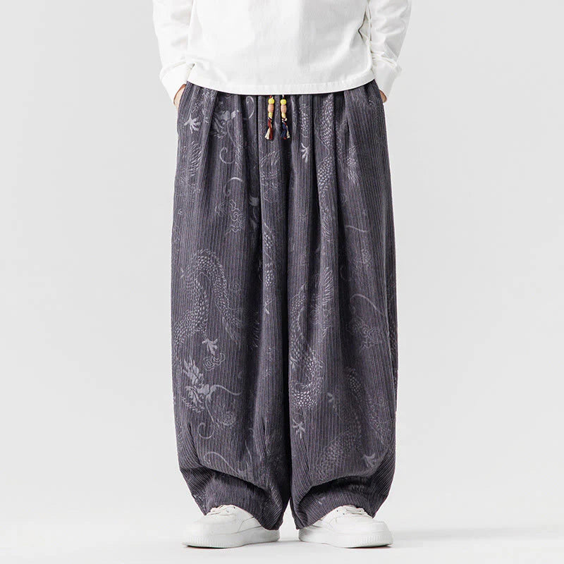 Buddha Stones Winter Dragon Phoenix Pattern Cotton Corduroy Men's Harem Pants With Pockets