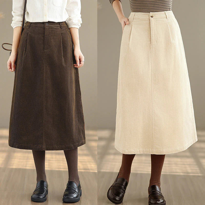 Buddha Stones Pure Color Elastic Waist Women's 7-8 Length Corduroy Skirt With Pockets