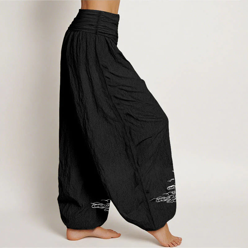 Buddha Stones Crane Flowing Water Pattern Women's Elastic Waist Harem Cotton Pants