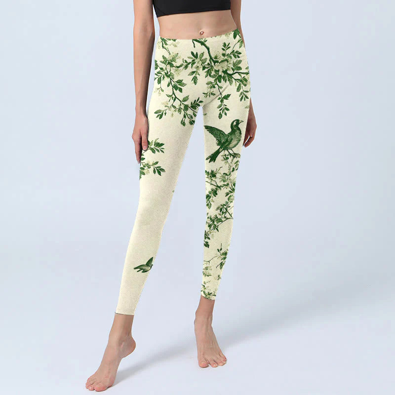 Buddha Stones Fresh Tree Flower Leaf Bird Pattern Print Gym Leggings Women's Yoga Pants