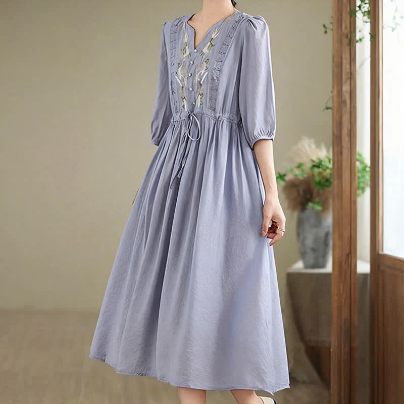 Buddha Stones Spring Floral Embroidery V Neck Tie Waist Elbow-Length Sleeve Women's Dress With Pockets