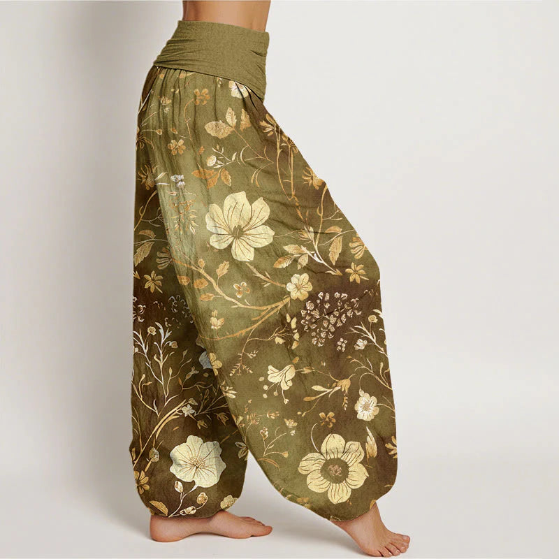 Buddha Stones Cotton White Flowers Winding Vines Pattern Design Women's Elastic Waist Harem Pants