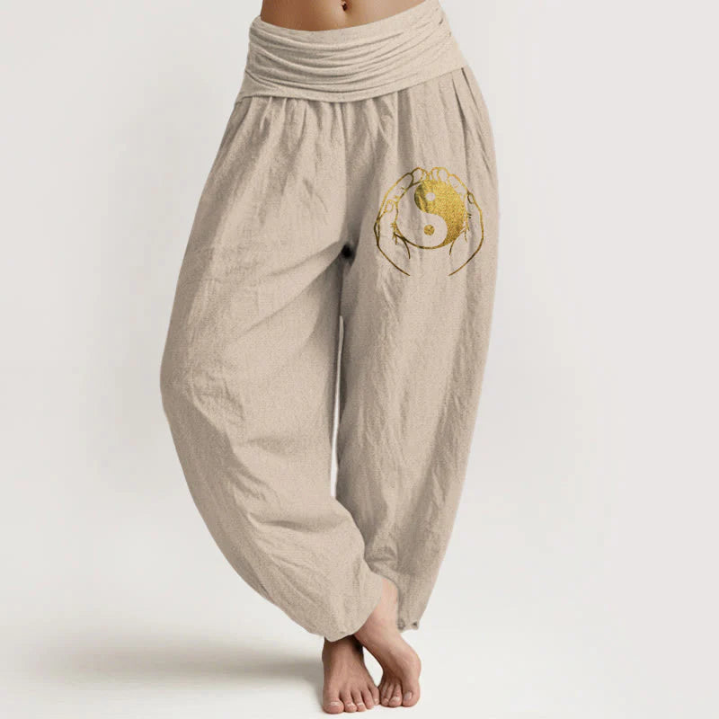 Buddha Stones Yin Yang Hand Pattern Women's Elastic Waist Harem Cotton Pants