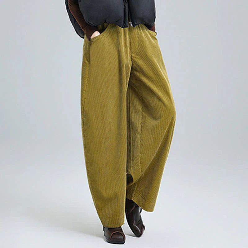 Buddha Stones Women's Fall Plain Ankle-Length Simple Design Corduroy Pants With Pockets