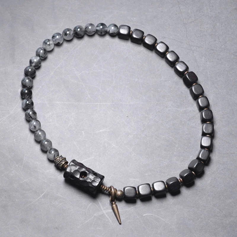 Buddha Stones Ebony Wood Black Rutilated Quartz Copper Brass Double Wrap Balance Bracelet (Extra 30% Off | USE CODE: FS30)