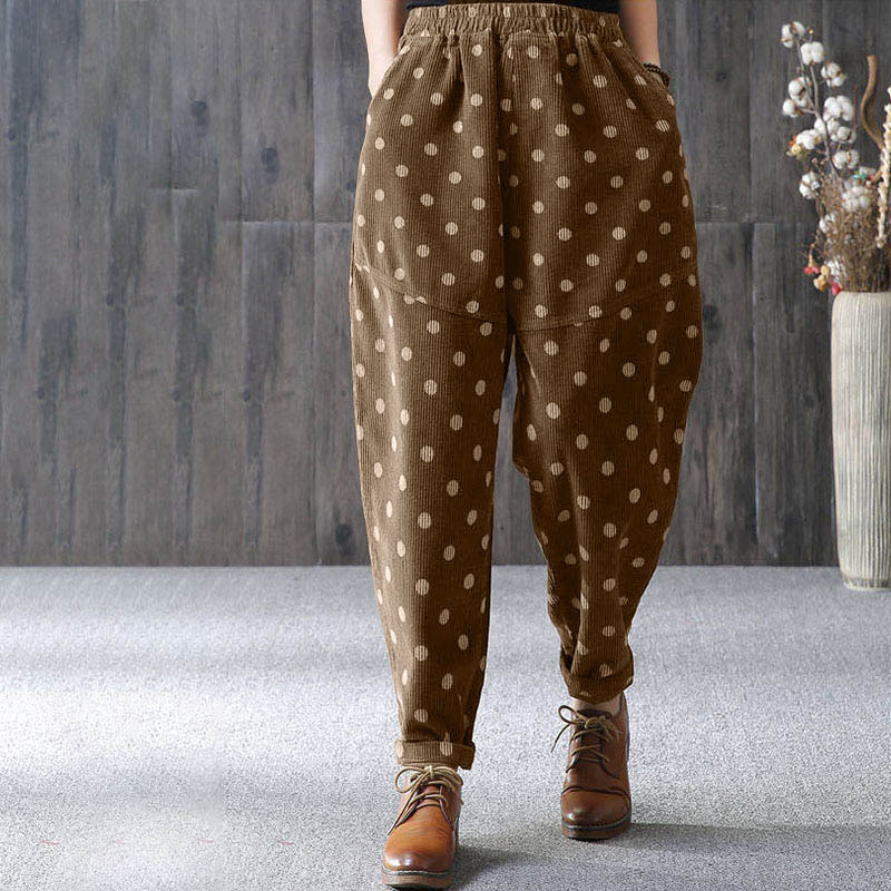 Buddha Stones Women's Fall Commute Printing Dot Pattern Corduroy Harem Pants With Pockets