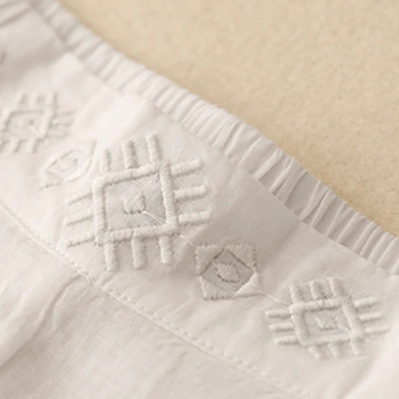 Buddha Stones Geometric Embroidery Elastic Waist Women's Cotton Linen Wide Leg Pants With Pockets