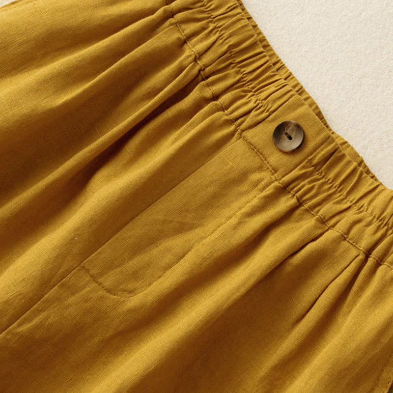 Buddha Stones Summer Casual Plain Zipper Button Cotton Linen Women's Shorts With Pockets