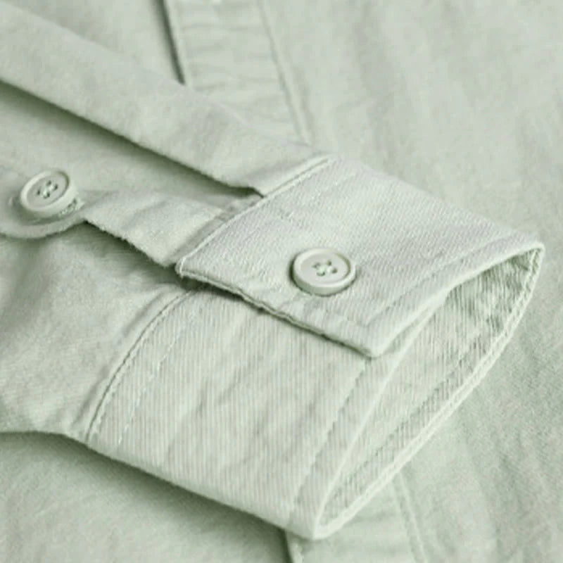 Buddha Stones Spring Solid Buttons Down Decorative Pocket Men's Stand Collar Long Sleeve Cotton Shirt