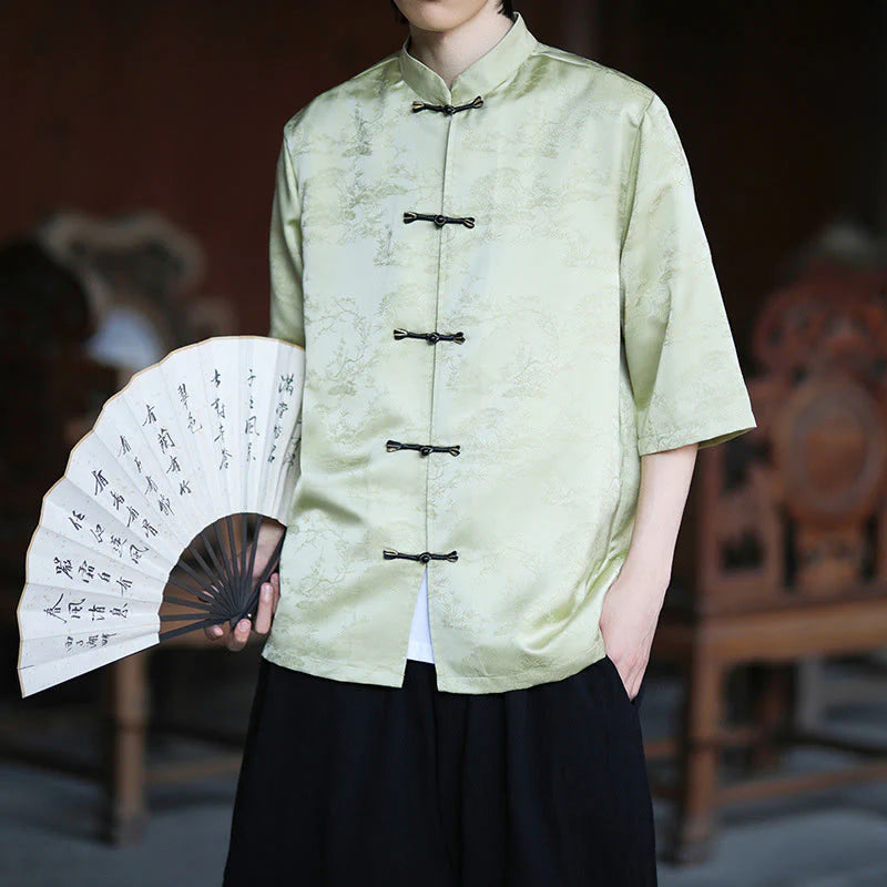 Buddha Stones Summer Pine Tree Mountain Pattern Half Sleeve Frog-Button Design Men's Shirt