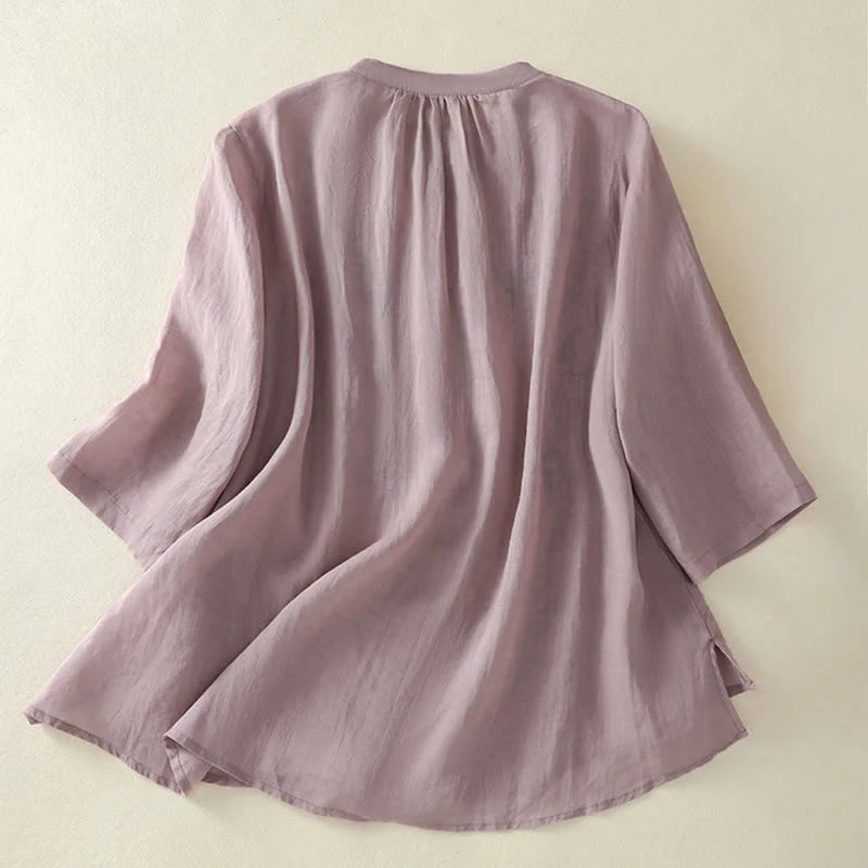 Buddha Stones Embroidery Pleated Design Stand Collar Three Quarter Sleeve Side Slit Hem Women's Cotton Shirt