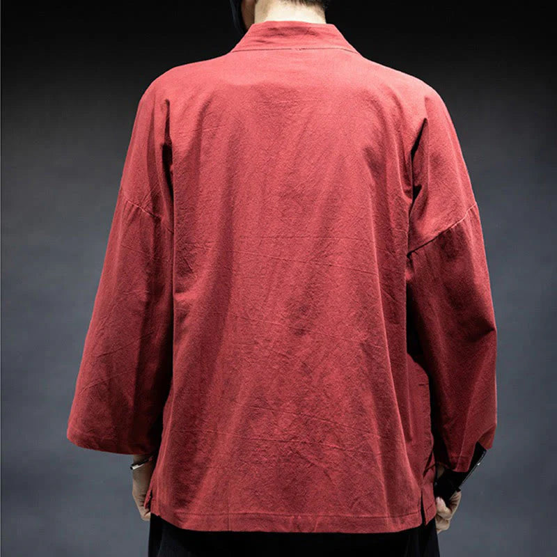 Buddha Stones Solid Color Lace-up Open Front Jacket Cotton Men's Kimono