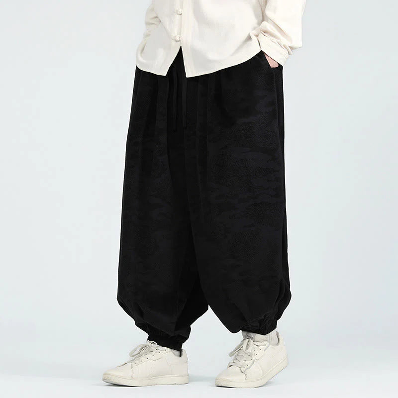 Buddha Stones Fall Plain Jacquard Design Drawstring Men's Harem Pants With Pockets