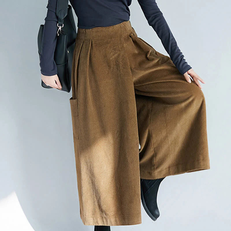 Buddha Stones Women's Plain Side Zipper Design Wide Leg Corduroy 7-8 Length Pants With Pockets