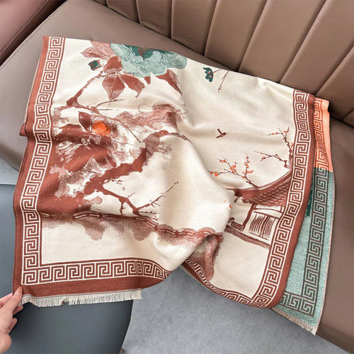 Buddha Stones Fall Plum Blossom Eaves Ink Painting Pattern Cozy Scarf Shawl