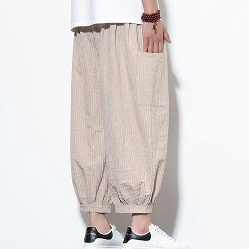 Buddha Stones Casual Striped Men's Cotton 7-8 Length Harem Pants With Pockets