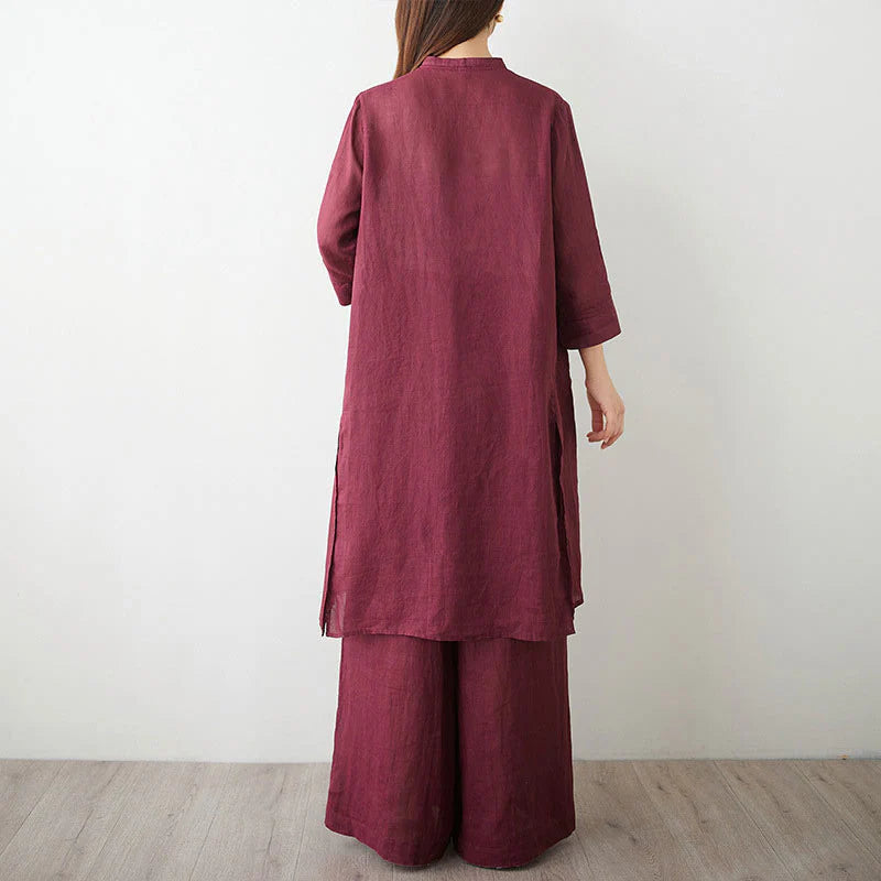 Buddha Stones Casual 2pcs Plain Three Quarter Sleeve Slanted Collar Shirt Top Wide Leg Pants With Pockets Meditation Zen Tai Chi Clothing Women's Set
